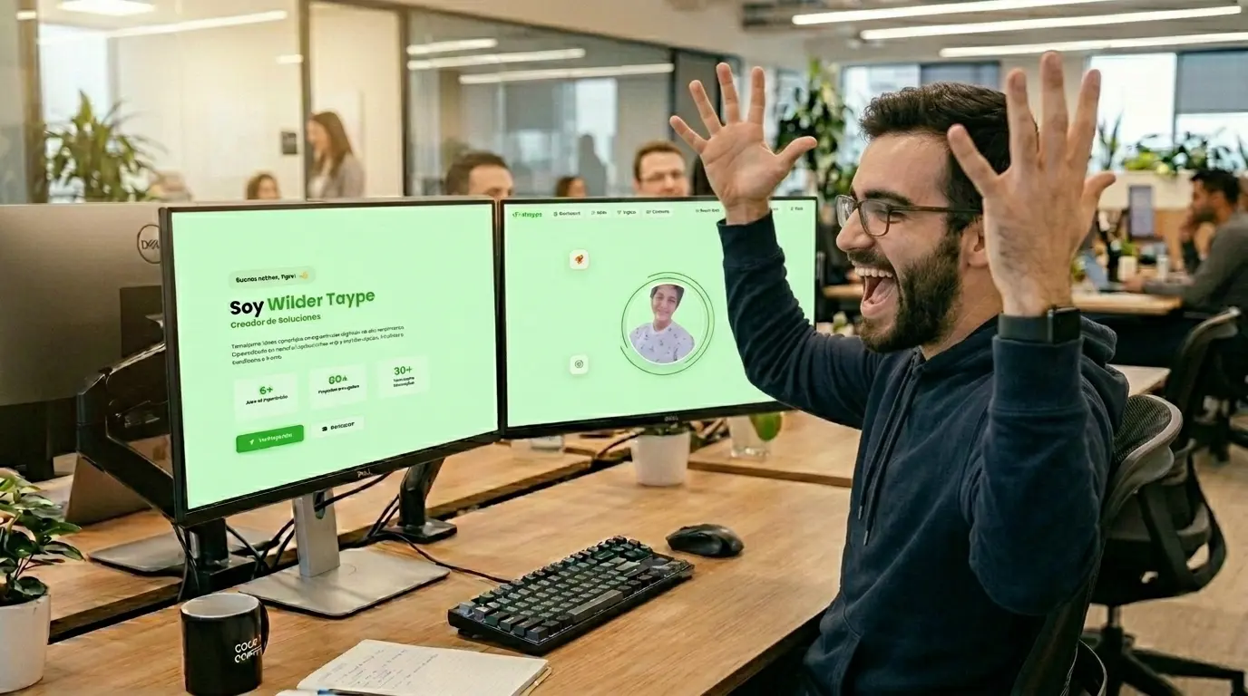 Desarrollador web sonriendo frente a su laptop al recibir una oferta de trabajo gracias a su portafolio de proyectos reales
