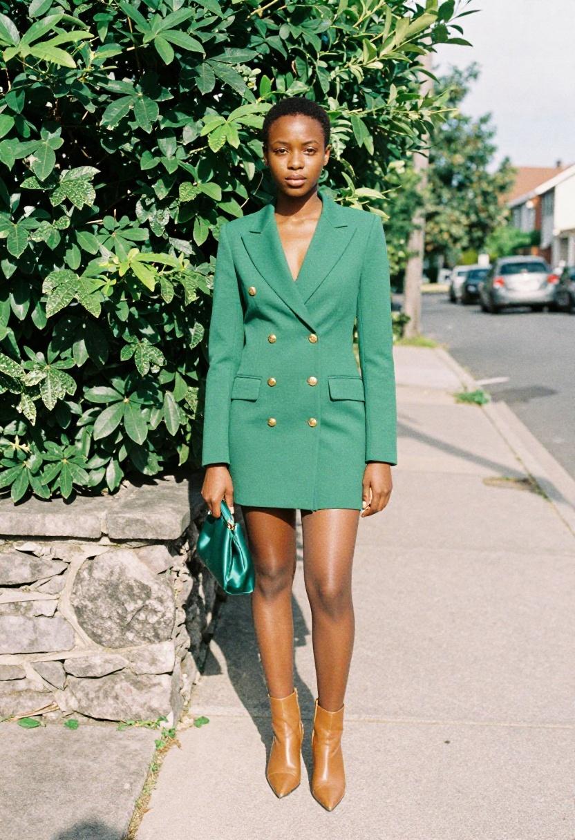 Fitted green blazer-dress with gold buttons against a leafy residential backdrop