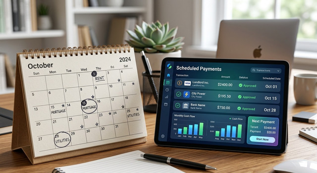 An image symbolizing the payment schedule with a calendar and financial transaction icons.