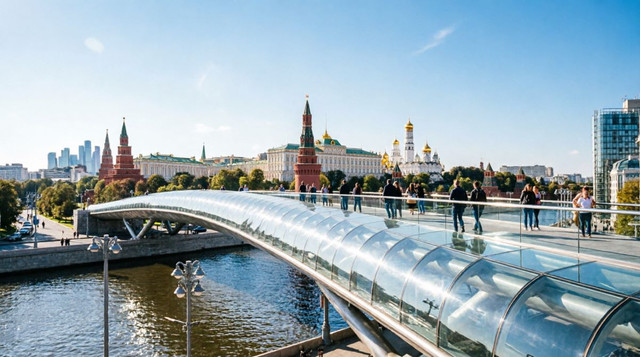 Парящий мост в парке Зарядье с панорамой Москвы и видом на реку