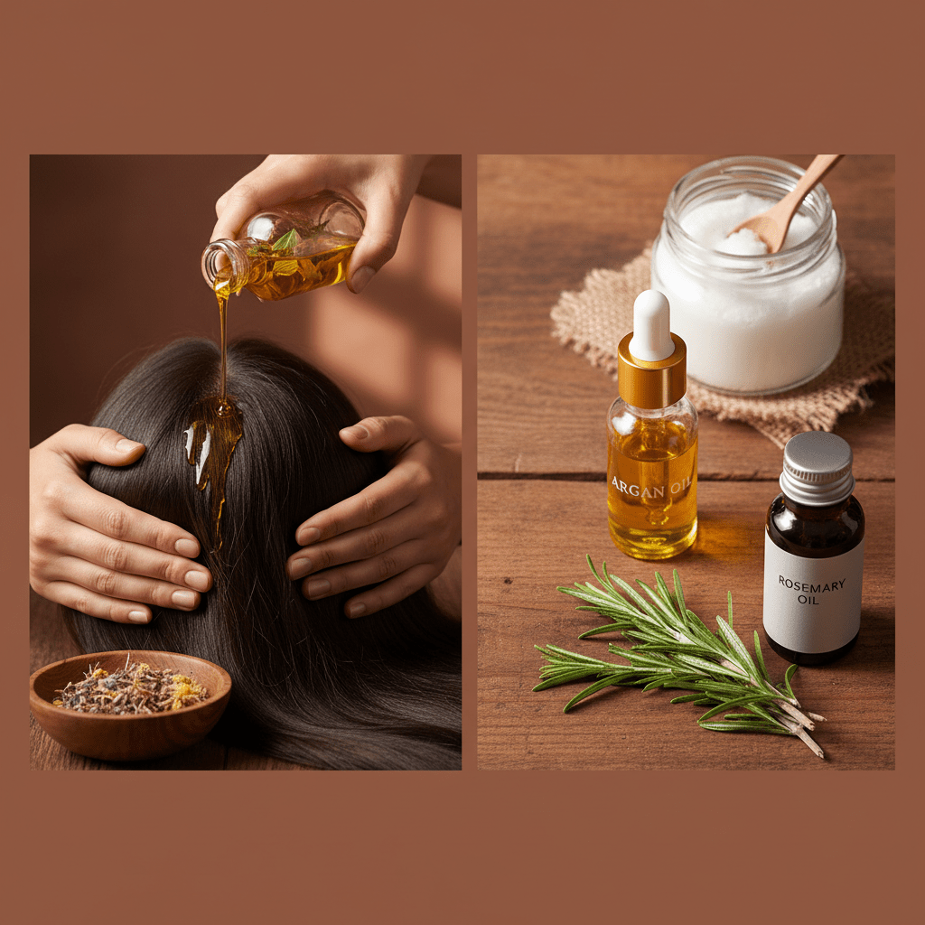 An editorial split-scene of scalp treatment, oil bottles, and rosemary sprigs for hair care comparison