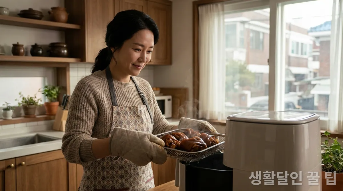 30대 한국인이 에어프라이어에서 데워진 족발을 꺼내는 모습, 따뜻한 주방 배경