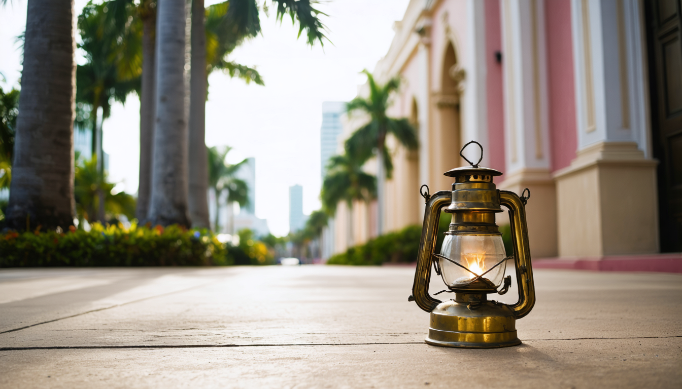 A lit oil lantern glowing in broad daylight on an empty Miami sidewalk, casting almost no shadow