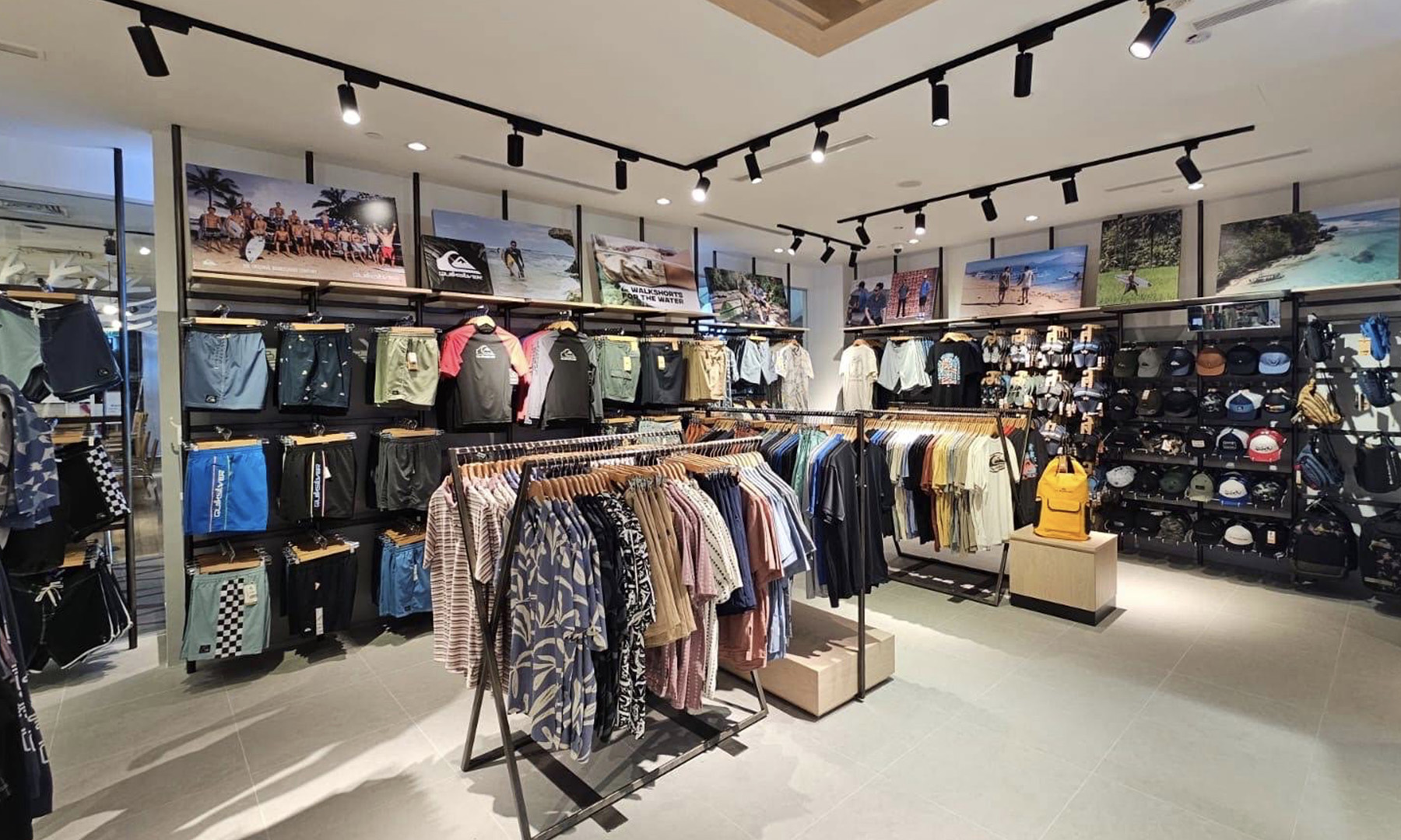 Surf apparel and boardshorts display at Quiksilver