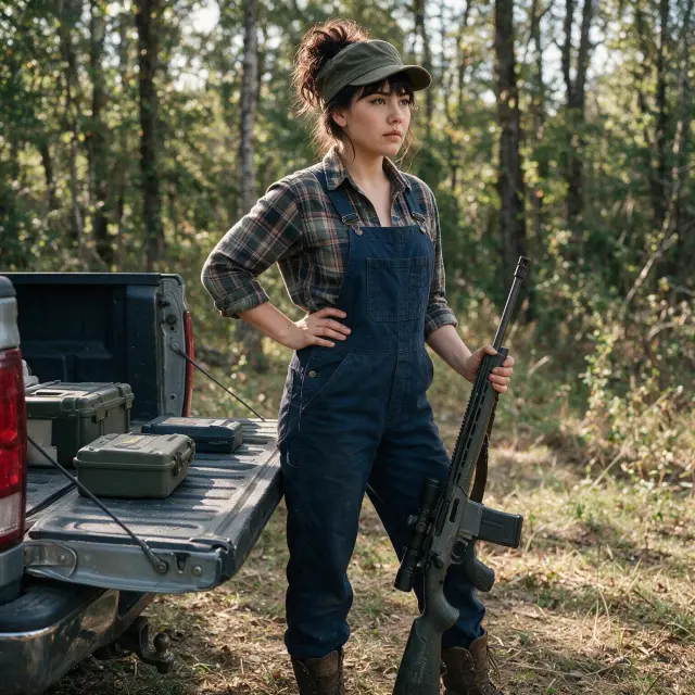 A girl with hair styled up, messy, wearing overalls, boots, flannel, and a military cap, holding a Christensen Arms Ridgeline FFT, standing in a backwoods target shoot-setting with ammo boxes on the tailgate, posing with one hand on her hip and a concentrated look.