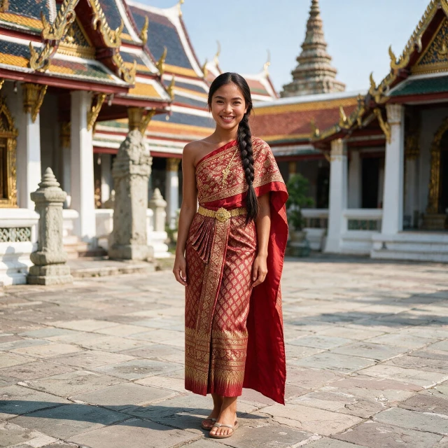 Standing outside a thai temple. wearing traditional red thai dress, hair in one braid, smiling. sandals. Duchenne smile