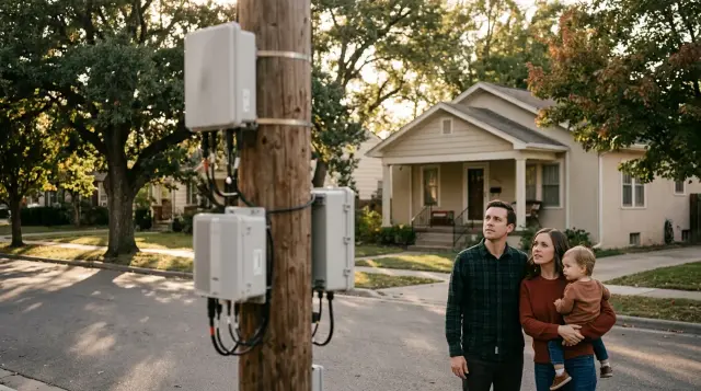 Concerned family on porch observing small-cell 5G antenna on neighborhood utility pole at sunset