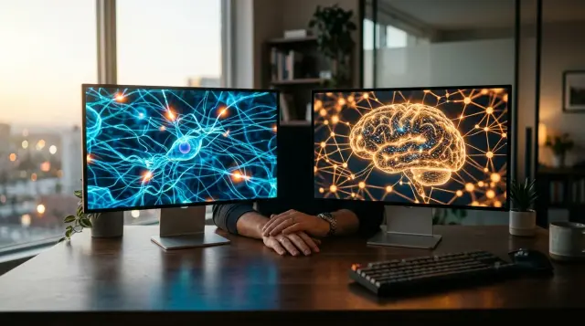 Two monitors displaying contrasting neural network visualizations on minimalist desk, contemplative mood