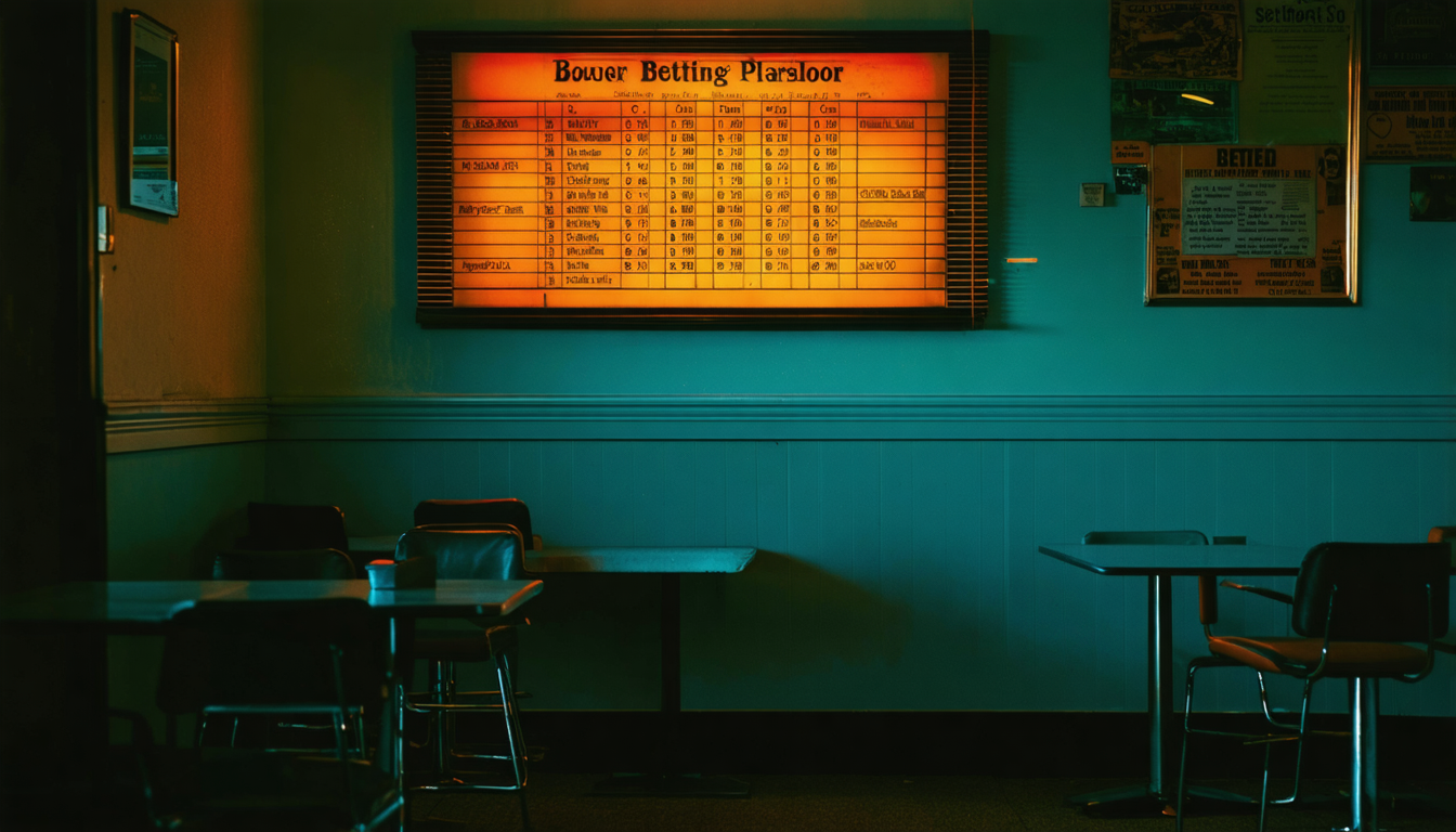 A dim betting parlor interior with an out-of-focus odds display, empty chairs, muted light.