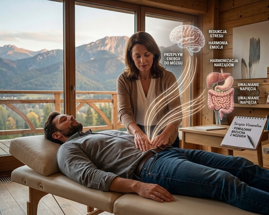 terapia wisceralna, masaż trzewi, oś jelitowo-mózgowa, napięcie brzucha ze stresu, osteopatia narządów wewnętrznych, osteopata Nowy Targ