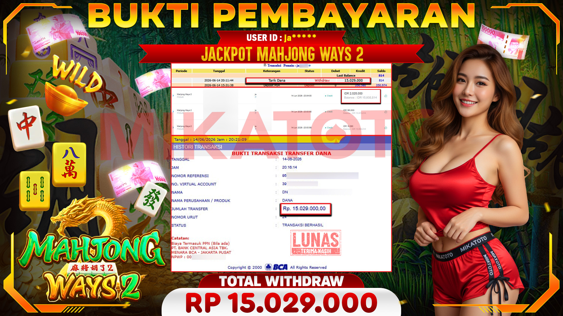 🏆 SELAMAT KEPADA PEMENANG JACKPOT DI Mahjong Ways 2 - PGSoft 15,029,000🏆