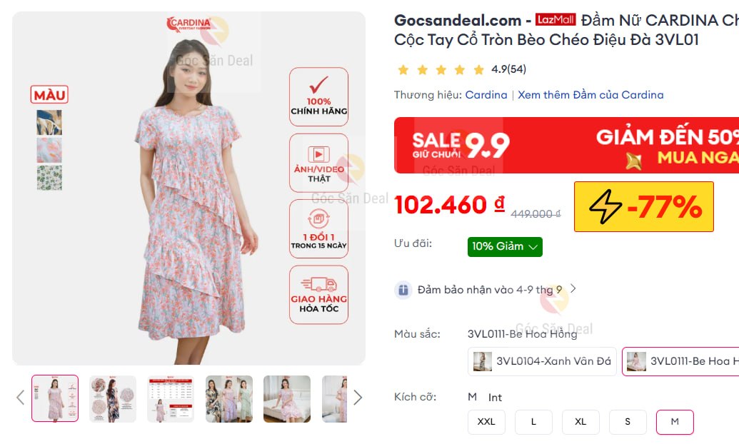 Đầm Nữ CARDINA Chất Lanh Tre Cao Cấp Áo Cộc Tay Cổ Tròn Bèo Chéo Điệu Đà 3VL01