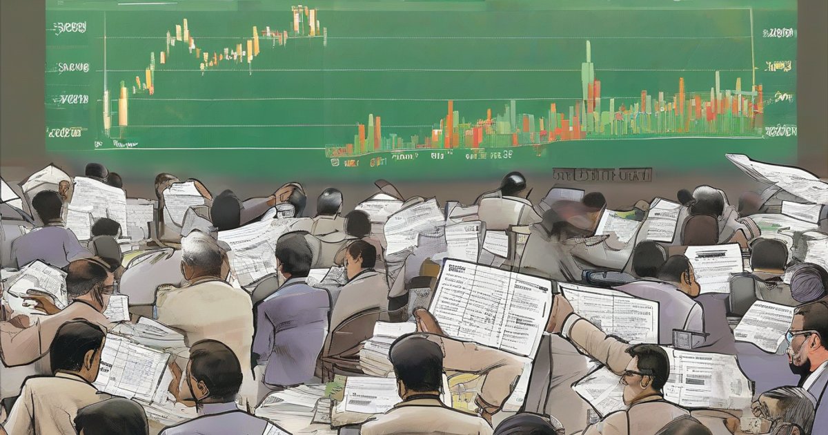 Stock market trading floor with electronic display boards showing share prices and trading volumes