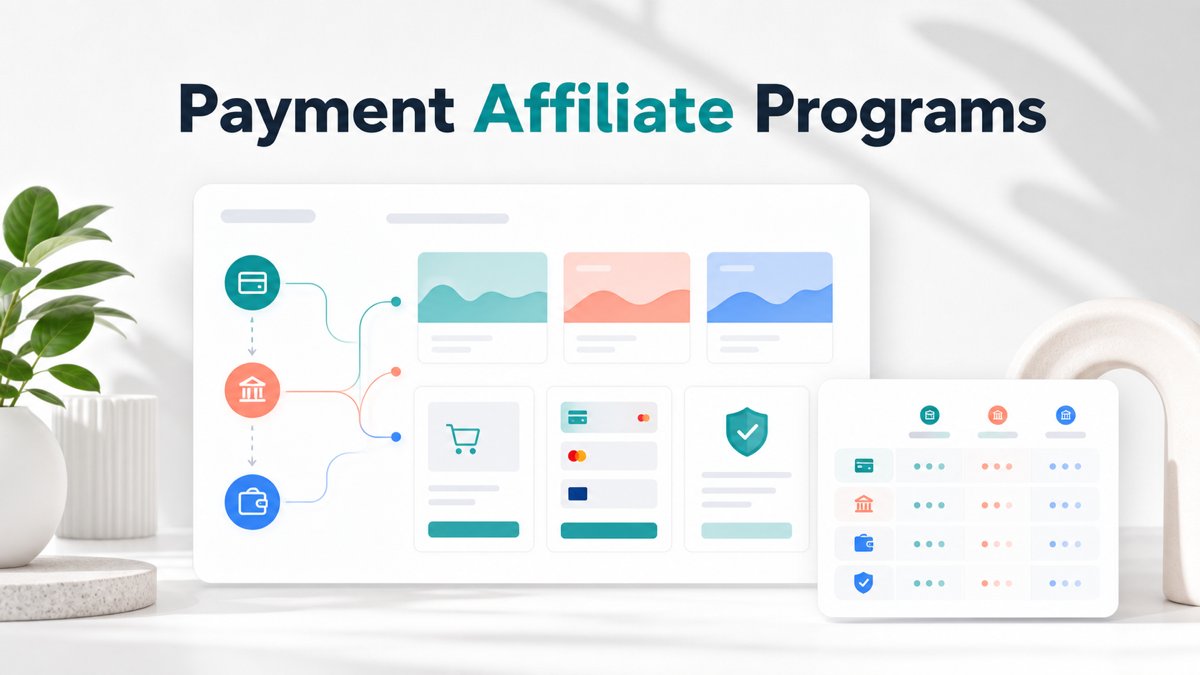 Payment processor affiliate programs dashboard with payout cards and checkout software picks