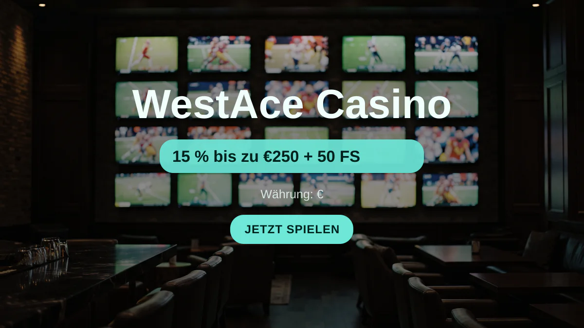 WestAce Casino — Willkommensbonus 15 % bis zu €250 + 50 FS, Zahlungen: Visa, Mastercard, Skrill, Neteller, Paysafecard