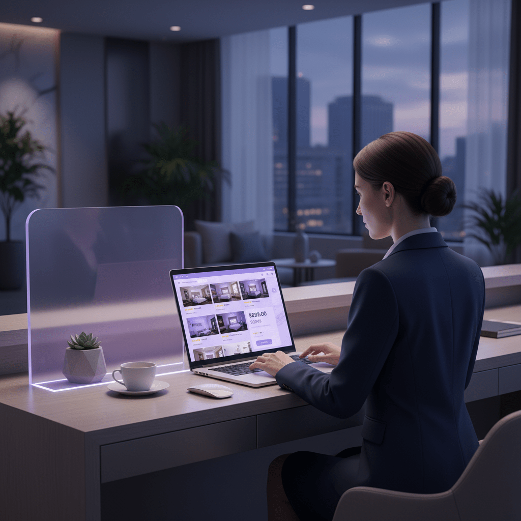 Hotel listing content audit with room photos, bathroom, reception, and amenities being reviewed on a tablet