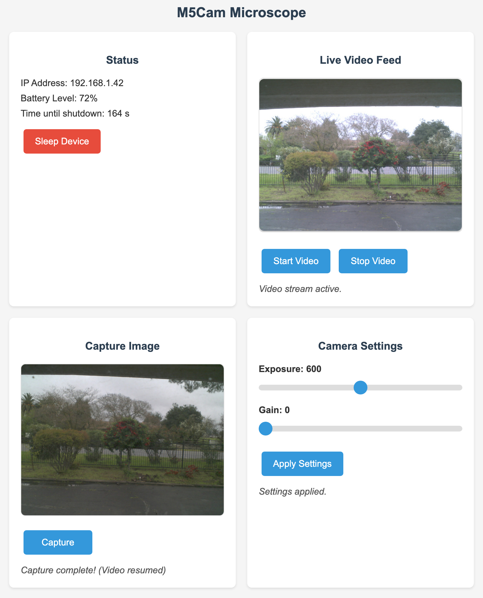 The four-panel control page: status, live video, capture, and camera settings