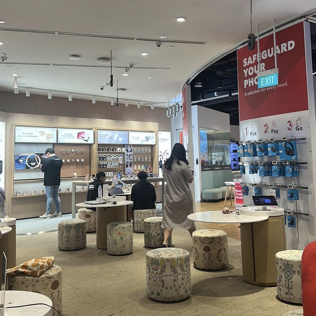 Mobile plans and accessories display at Singtel Shop