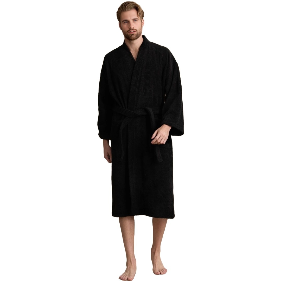 Unisex Men's Terry Cotton Black Bathrobe (One Size) view 5