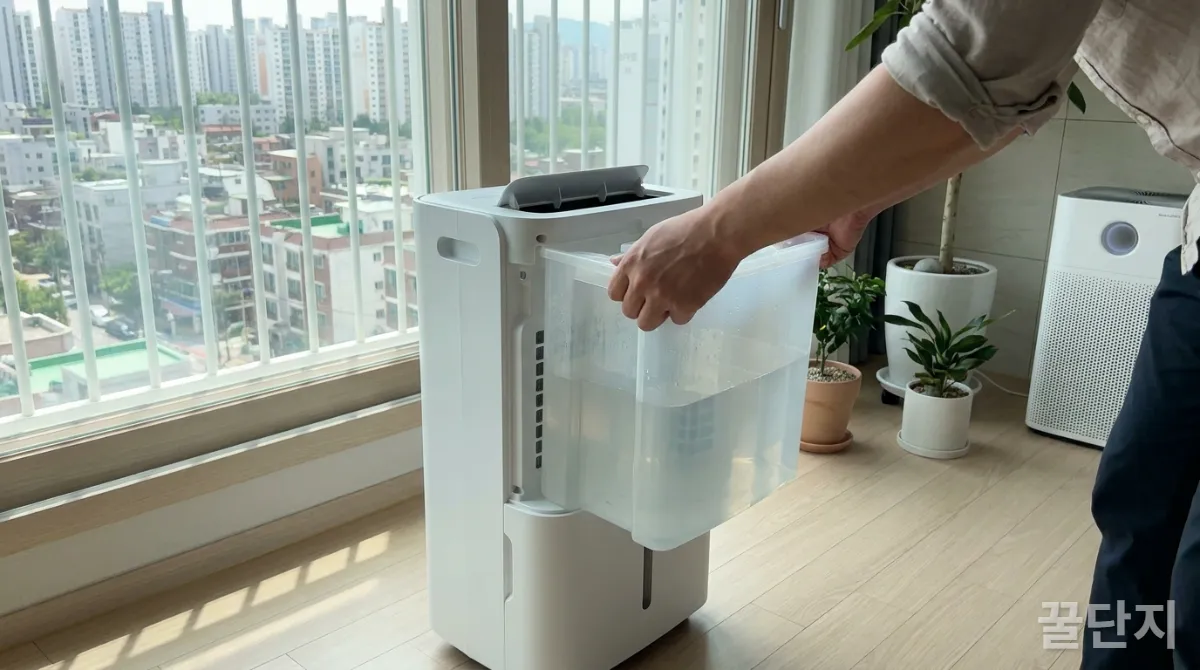 제습기에서 물이 가득 찬 물통을 꺼내는 모습, 습기 제거의 효과를 시각적으로 보여줌