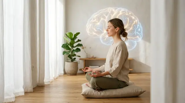 Person meditating peacefully in sunlit room with subtle brain neural pathway visualization