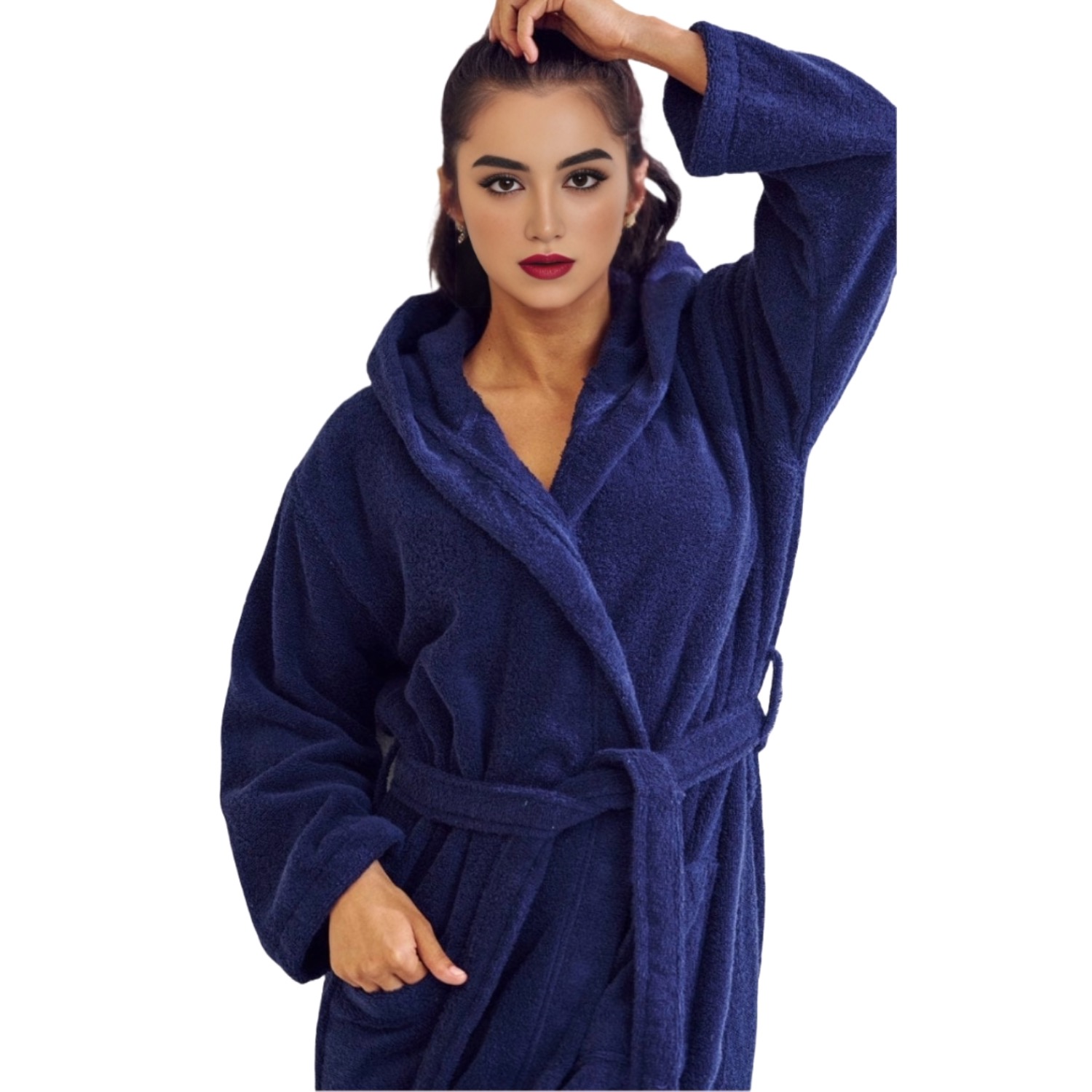 Women's Terry Navy Bathrobe, Hooded (Small/Medium) | Soft, Comfy, and Absorbent | for After the Shower or Spa view 3