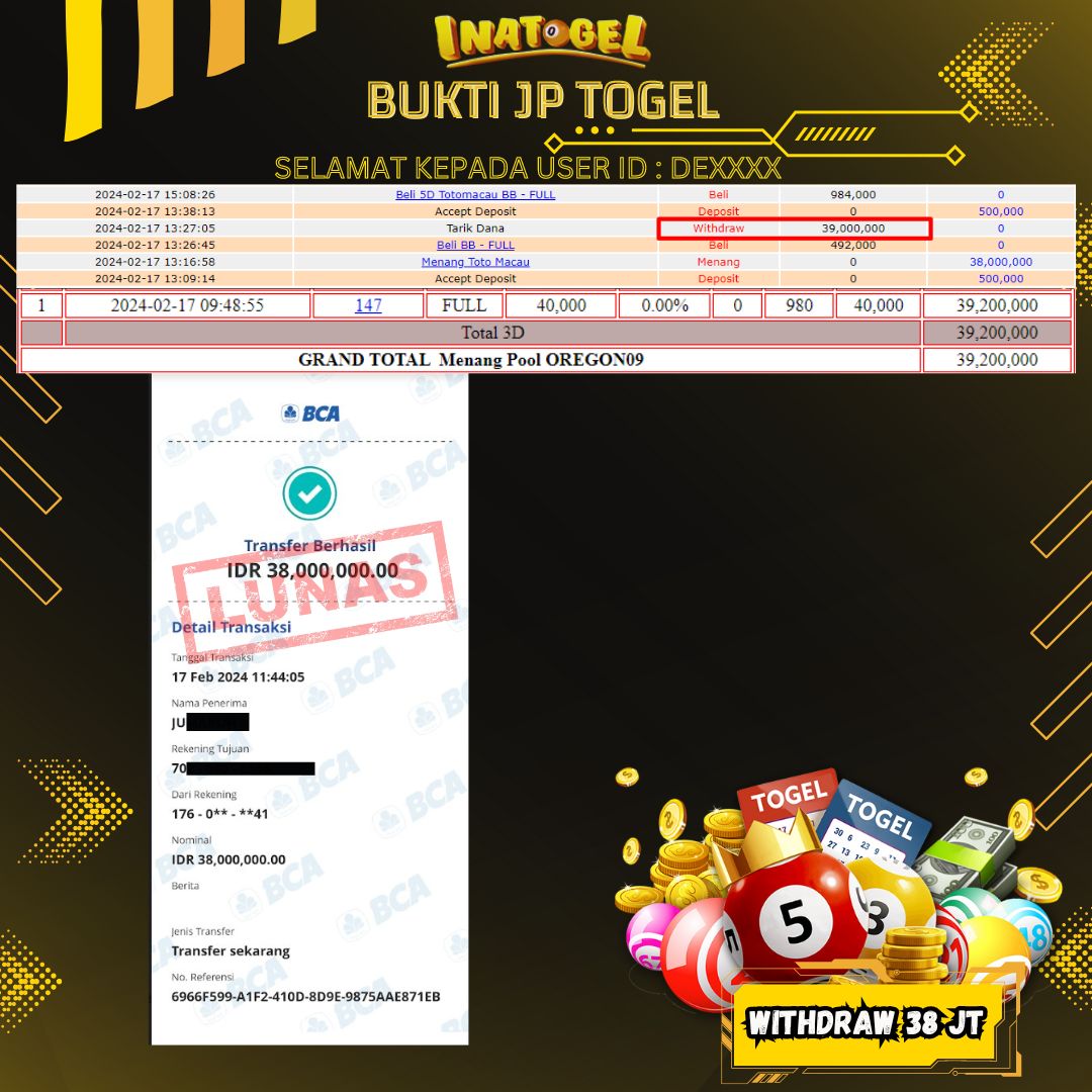 BUKTI PEMBAYARAN TOGEL OREGON 9 Rp38,000,000,- LUNAS