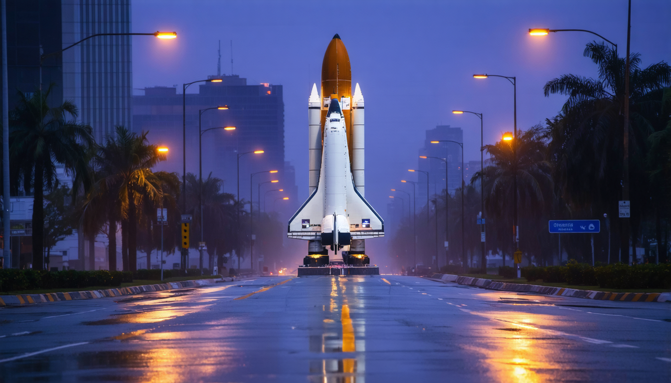 A large white rocket standing vertically on an urban boulevard at dusk, surrounded by streetlights and low buildings, poised as if for launch but clearly going nowhere.