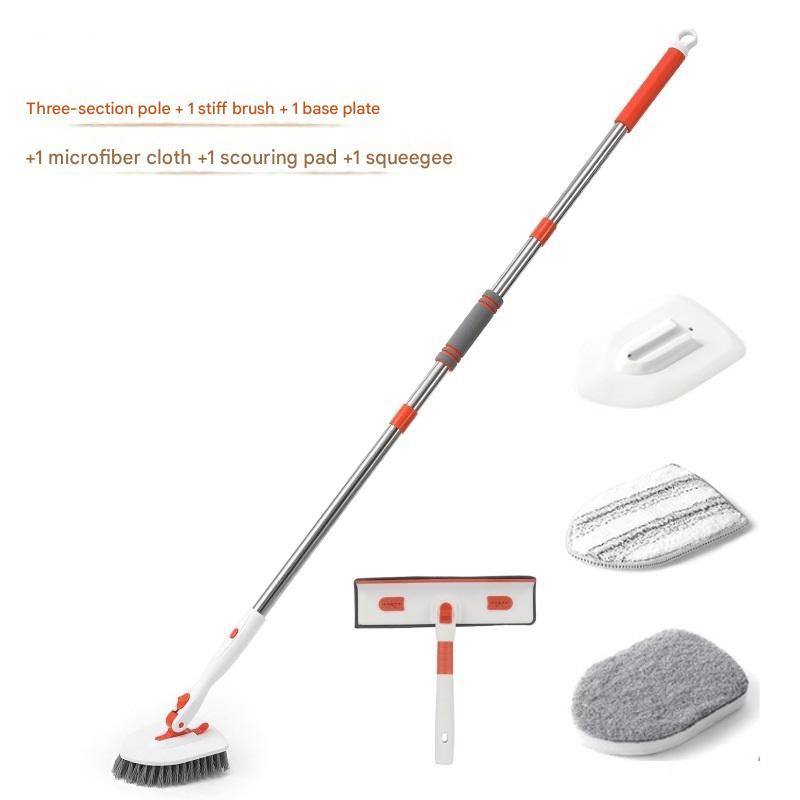 6-piece(Three-section pole+stiff brush+base plate+microfiber cloth + scouring pad+ squeegee) Long Handle Bathroom Floor Scrub Brush - 180° Rotating Angle, Stainless Steel Pole, Corner Cleaning Design for Tiles, Grout, Bathtub, Shower - Heavy Duty Cleanin