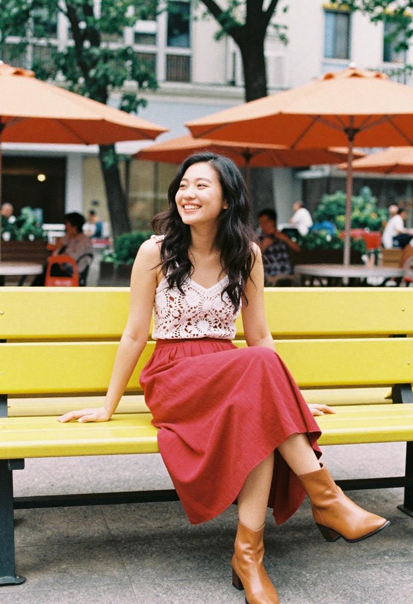 Cherry red midi skirt with square toe caramel boots creating a vibrant spring street style statement