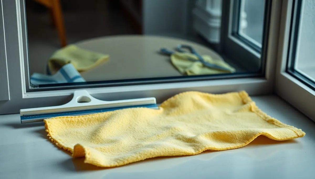 A squeegee and a clean microfiber cloth laid out beside a window, showing the two tools that produce the most consistent results