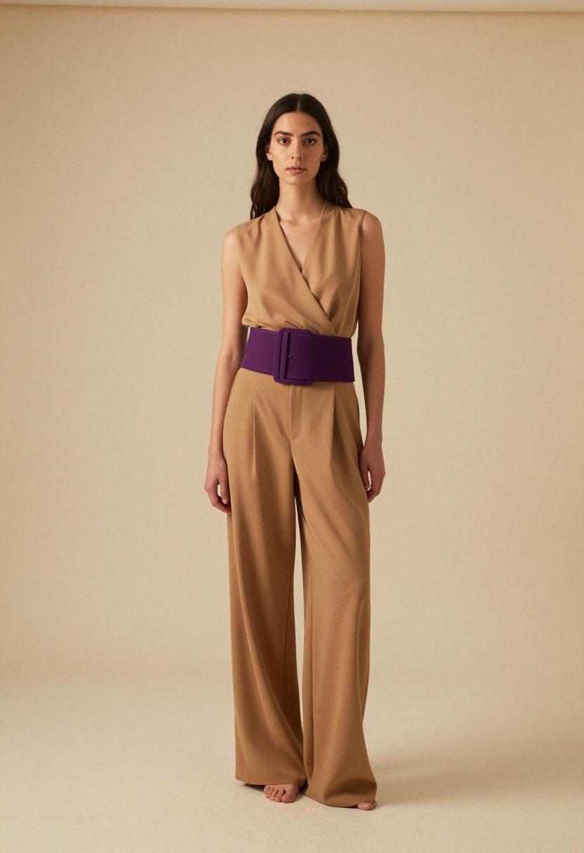 Deep violet structured wide belt over camel wrap blouse and sand trousers for sophisticated office waist definition