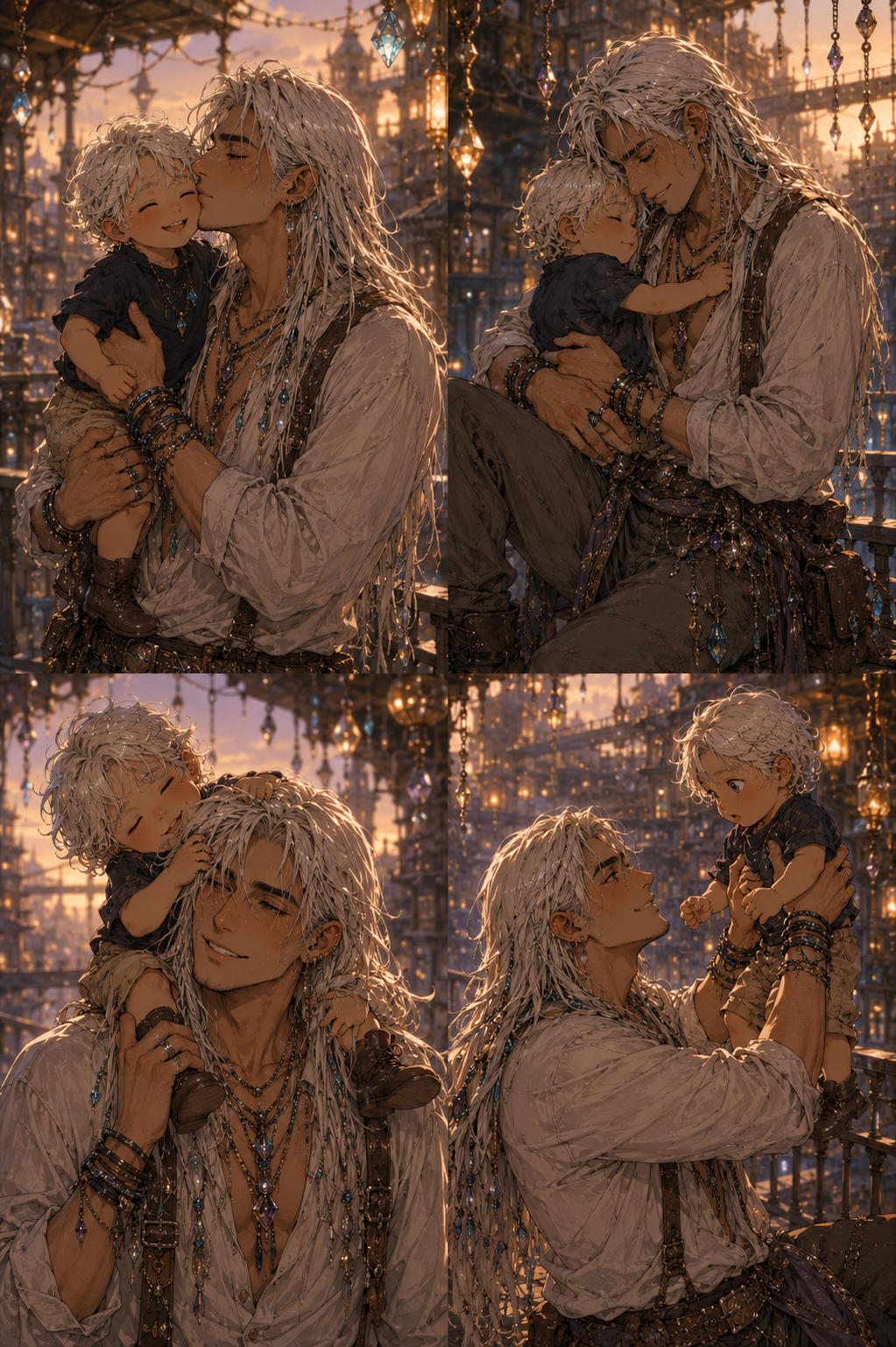 A collage of Landon cuddling, carrying, and playing with Kiun.