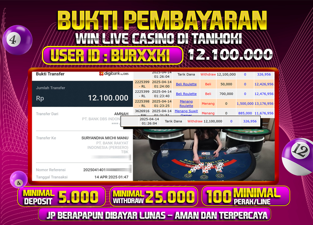 TANHOKI JACKPOT LIVE CASINO Rp.12.100.000,- LUNAS