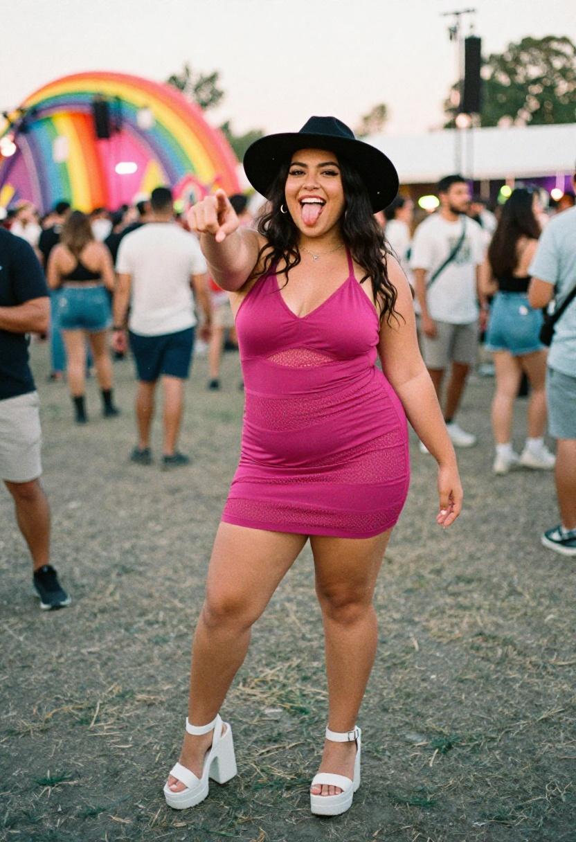 Plus-size woman in magenta halter mini dress with mesh panels at a spring festival