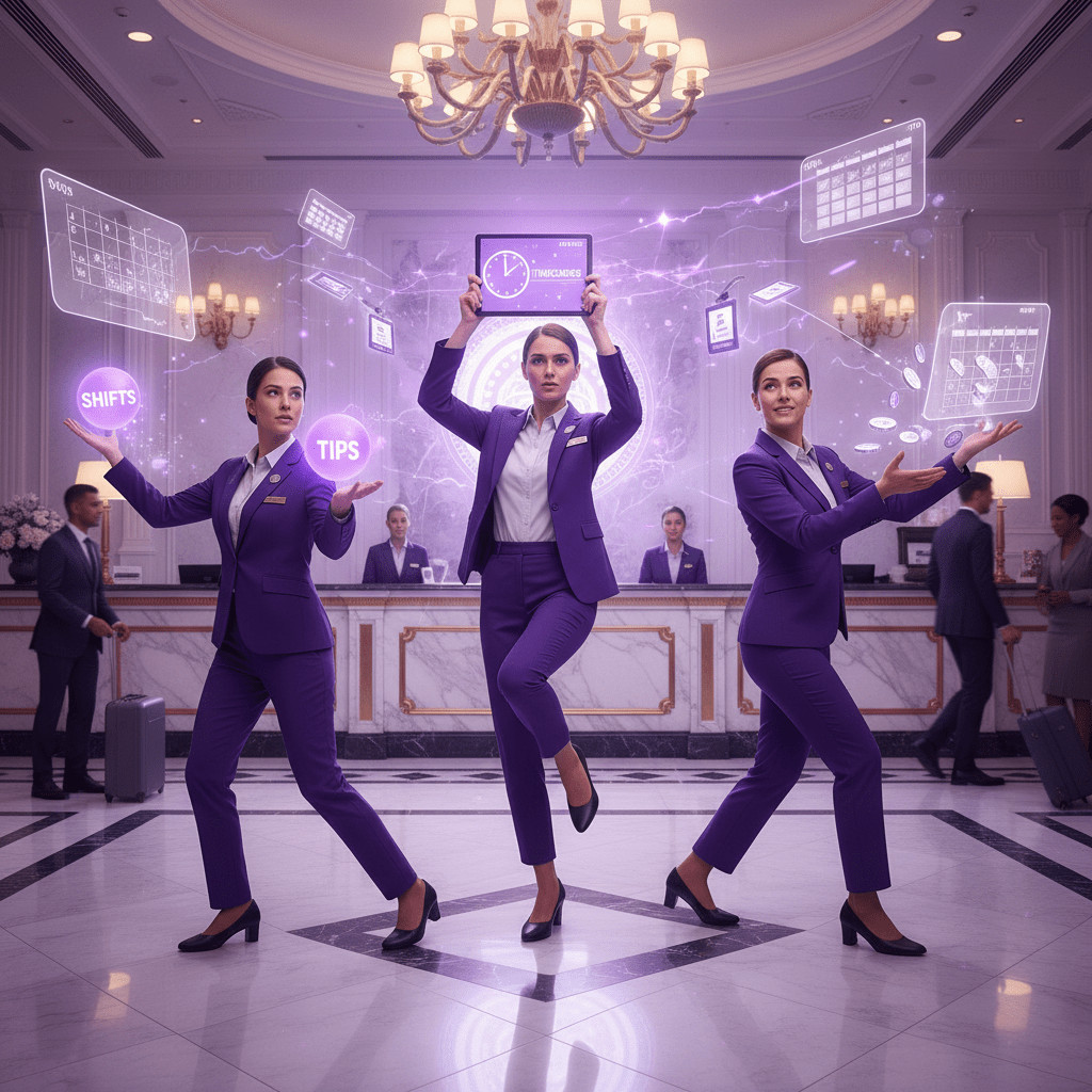 Hotel staff juggling shifts, tips, and timecards in a busy lobby