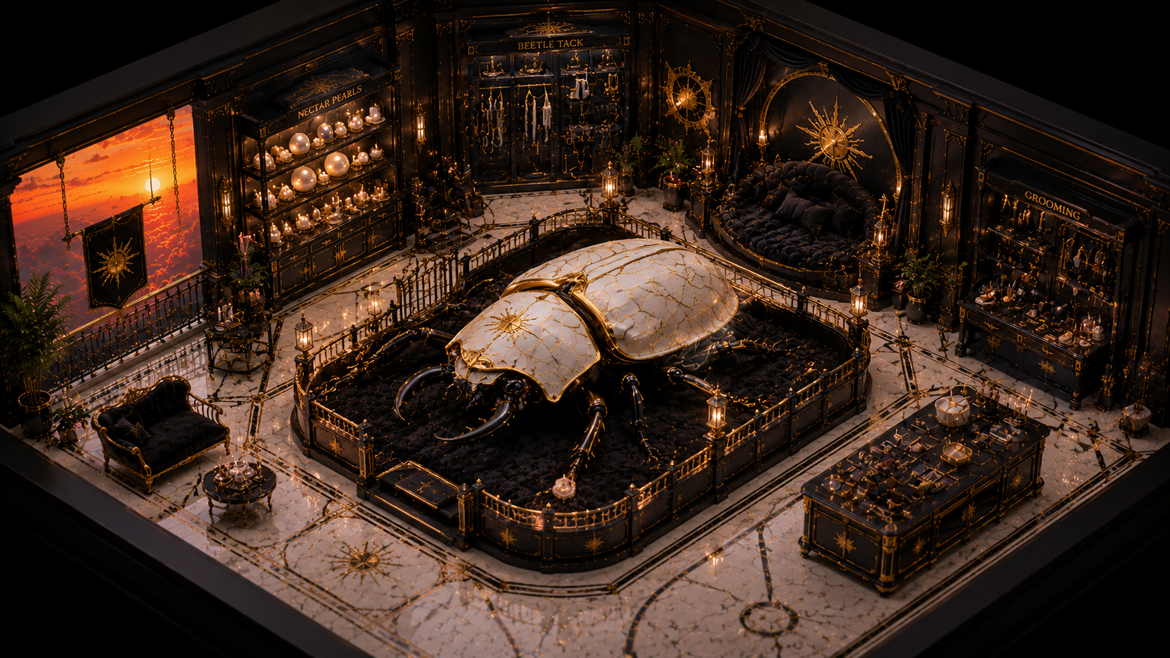 Aurelion's stable on the ground floor of Apollo's Skyward Residence, with black and gold grooming stations, beetle tack, nectar pearls, and a large pearl-white scarab resting area