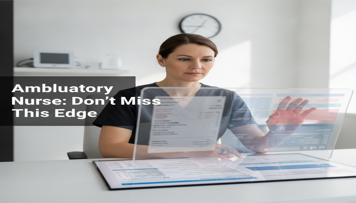 Ambulatory Nurse: Don't Miss This Edge A professional ambulatory perinatal nurse intently examining a transparent digital display with patient data. One side of the screen is clear with outpatient information, while the other side is subtly blurred, representing complex inpatient knowledge or an overlooked area. The text 'Ambulatory Nurse: Don't Miss This Edge' is clearly visible on the image.