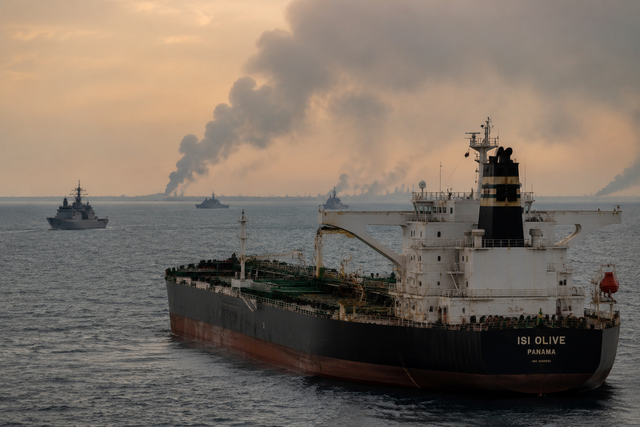 Oil tanker ship in the Strait of Hormuz with military naval vessels in the background, smoke rising from distant horizon, dramatic golden ho