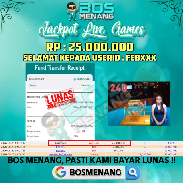 Tanggal 20 AGUSTUS 2026 - JACKPOT LIVE GAMES - 24D Games Rp 25.000.000,-
