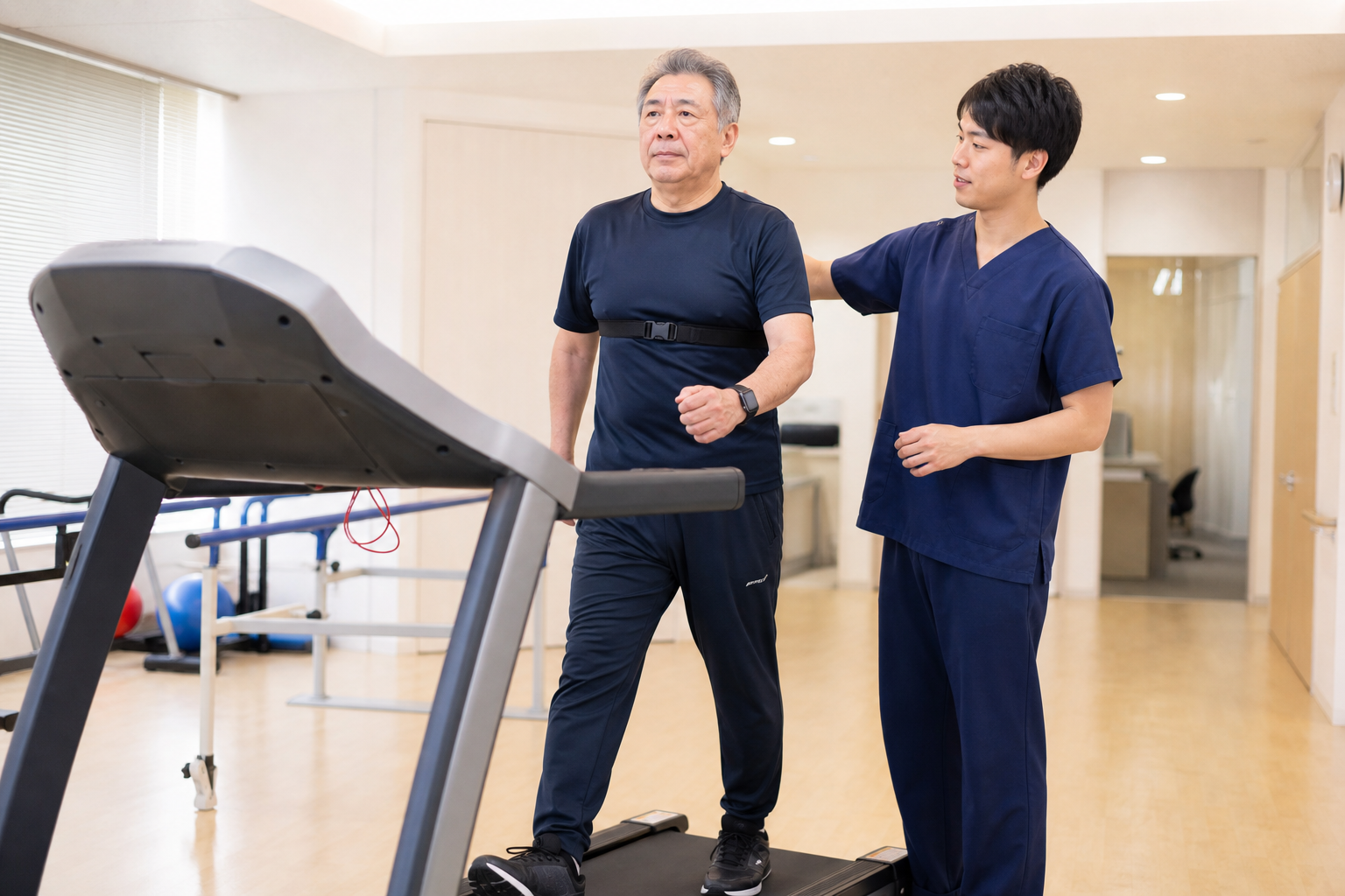 心拍や体調を確認しながら脳卒中後の歩行練習を行う様子
