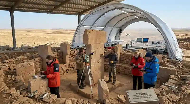 Detailed illustration of the Göbekli Tepe archaeological site enclosure, showing massive T-shaped limestone pillars with complex relief carvings. The ancient structures are partially covered by modern translucent research canopies, under which a team of scientists (in red and orange parkas) are diligently analyzing artifacts and pillars using dual rugged tablets and laptops.