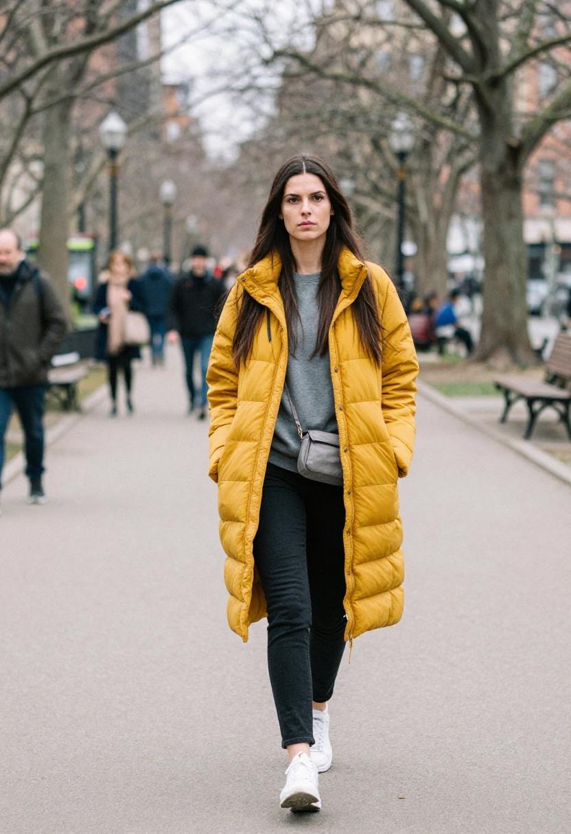 Mustard yellow longline puffer vest over charcoal sweatshirt for bold transitional dressing