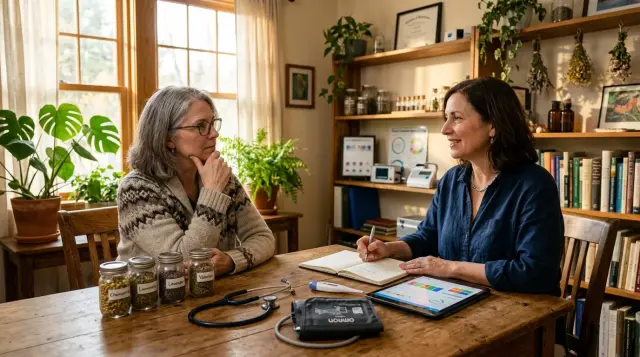 Woman thoughtfully consulting practitioner in room blending herbal and modern medical elements