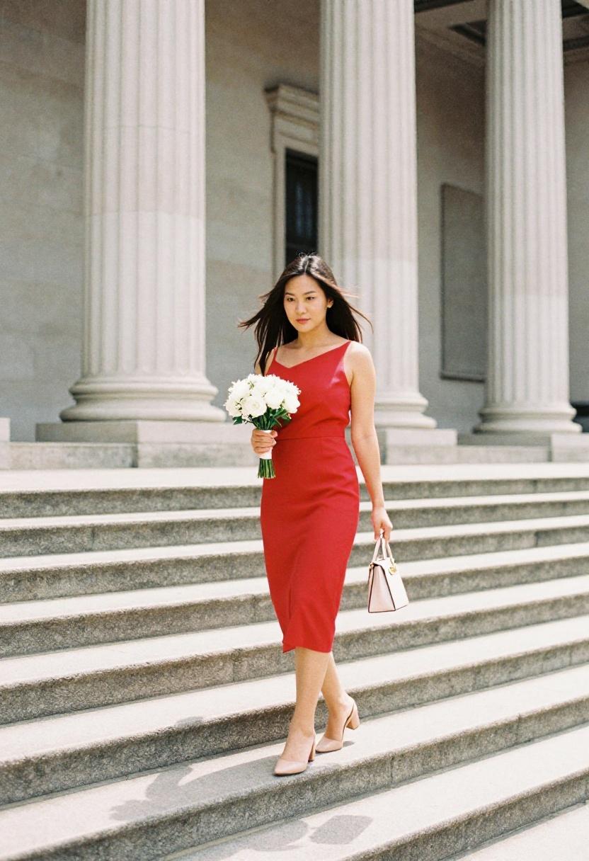 Crimson bias-cut midi dress on courthouse steps city hall elopement
