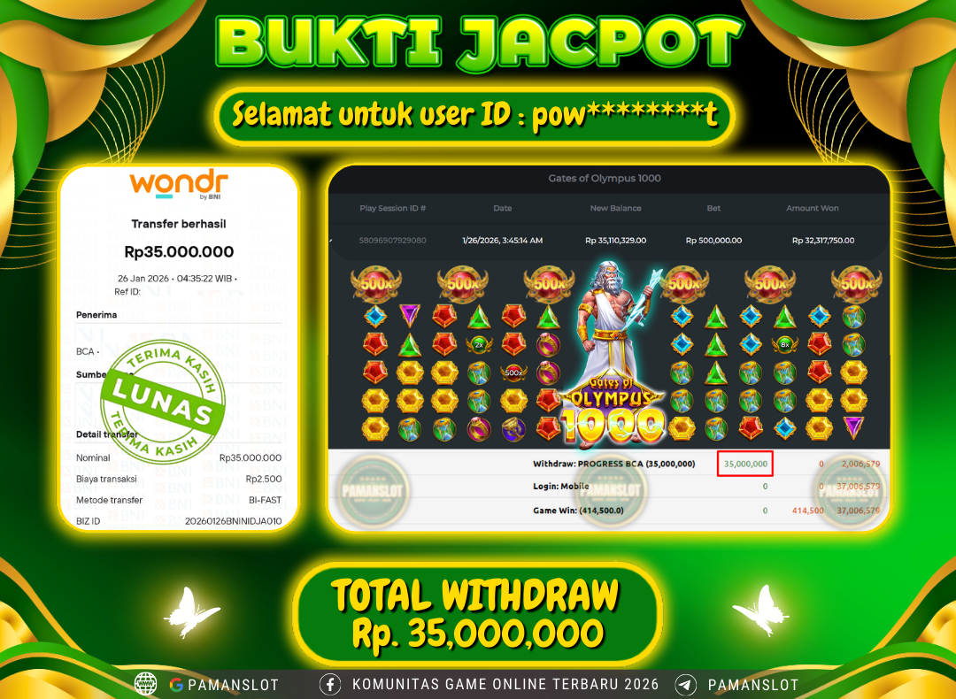 PAMANSLOT JACKPOT Game PP - Gates Olympus 1000 Rp.35,000,000- LUNAS