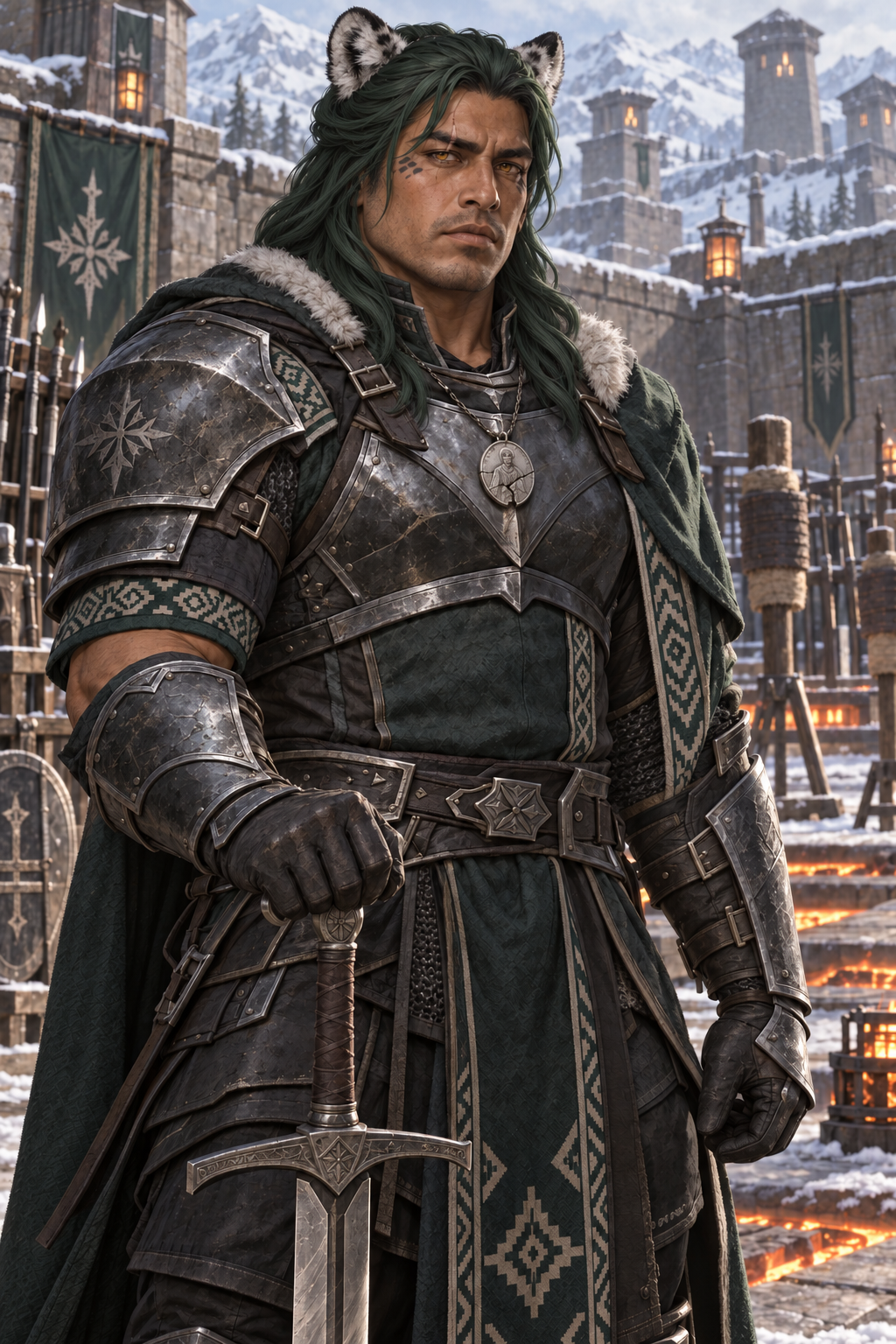 Knight Diego Cardozo, a heavily built snow leopard shifter with deep-spruce hair, topaz eyes, leopard ears, and an eyebrow scar.