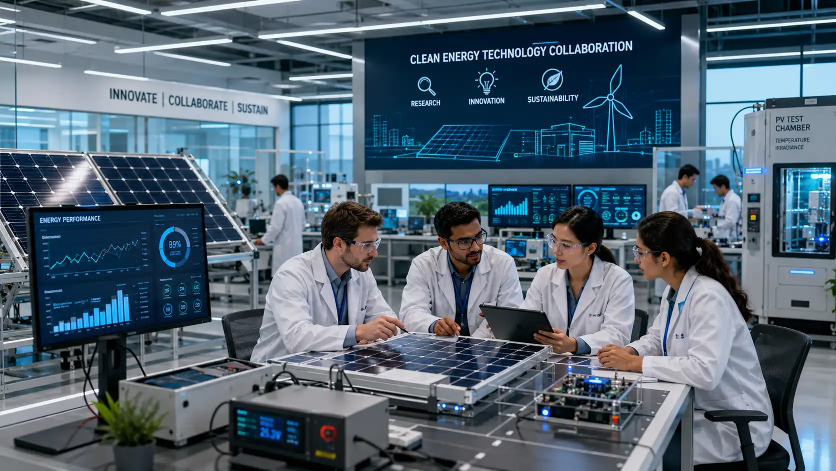 Engineers collaborating in a renewable energy technology R&D lab