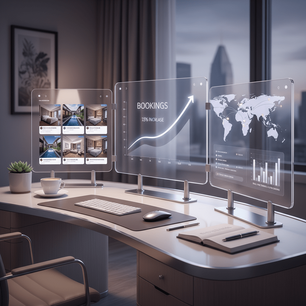 A premium hotel marketing dashboard showing social posts, tracking, and bookings on a polished desk
