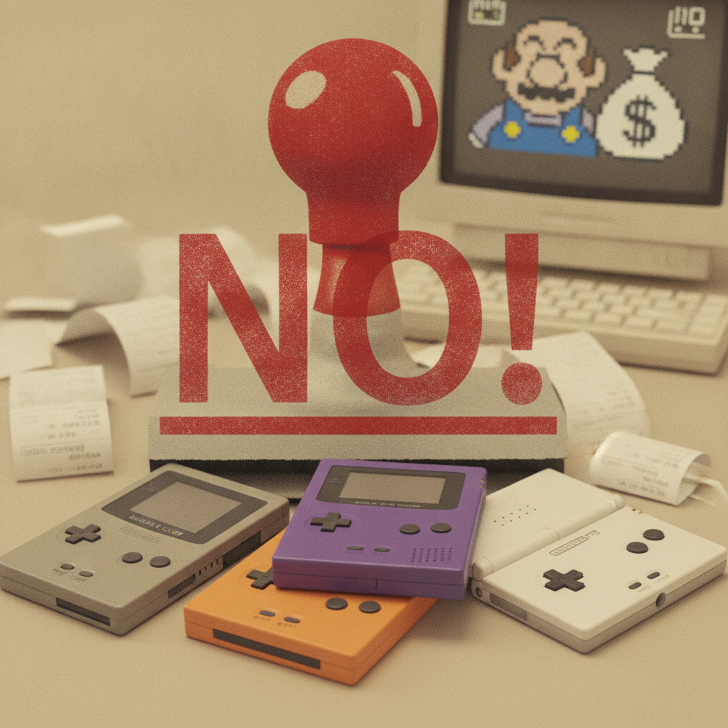A close-up image of a Nintendo Switch console with legal documents or papers in the background, symbolizing the ongoing legal dispute.
